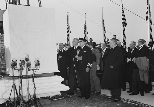 Franklin Roosevelt laying the cornerstone at the Jefferson Memorial