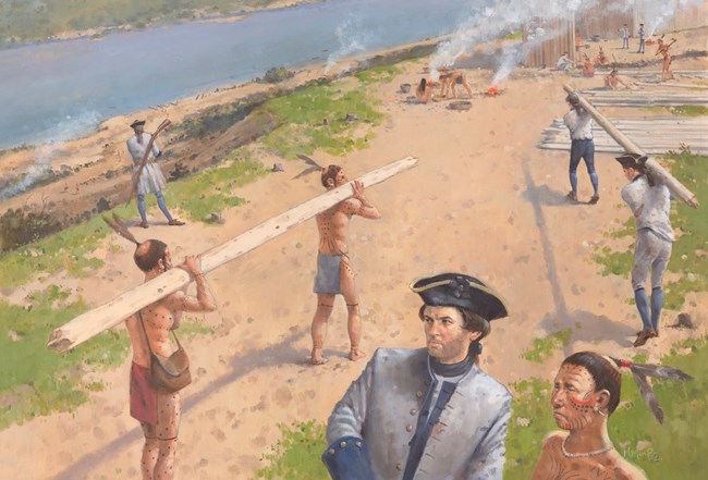 painting of colonial military man and Native Americans constructing a wooden palisade.