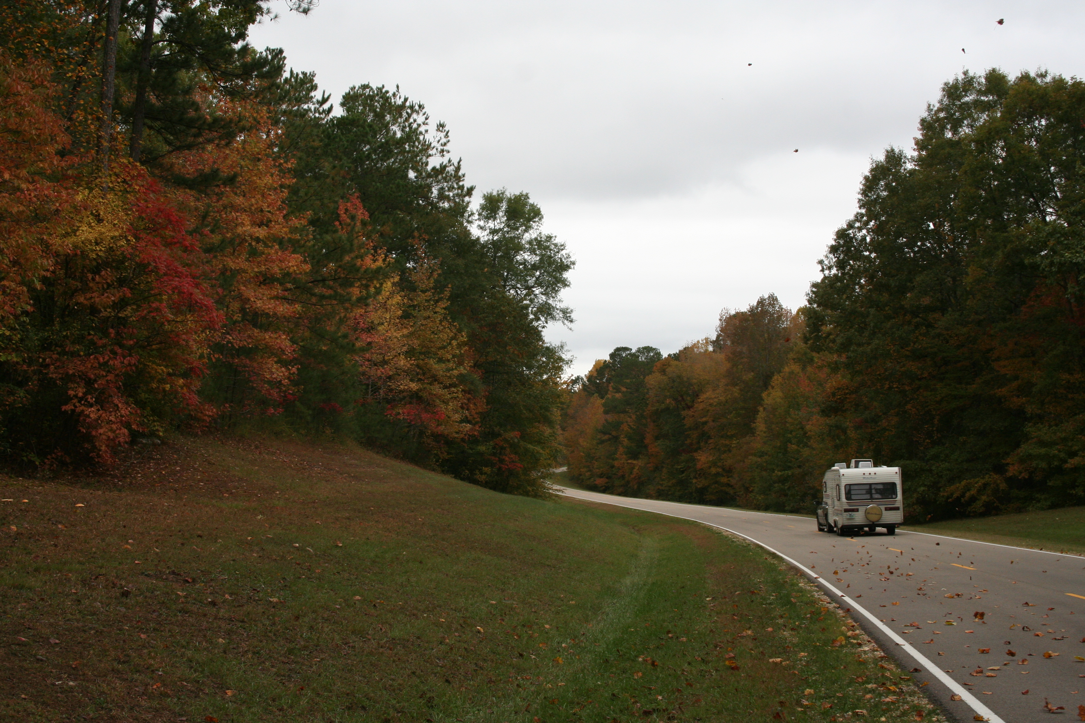 An RV traveling in fall along the Parkway.