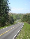 The Parkway curves through a lightly forested area