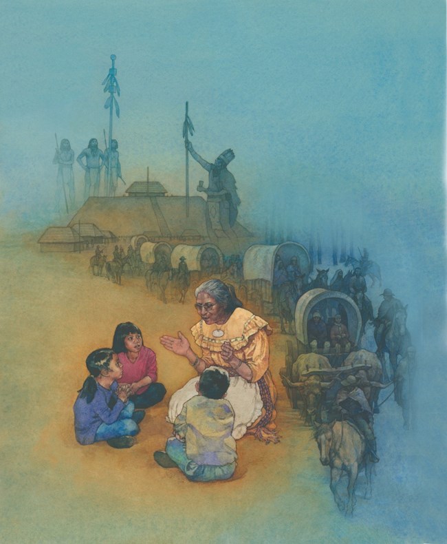 Artwork depicting an older woman talking to three children, people travel behind her in horses and carriages.