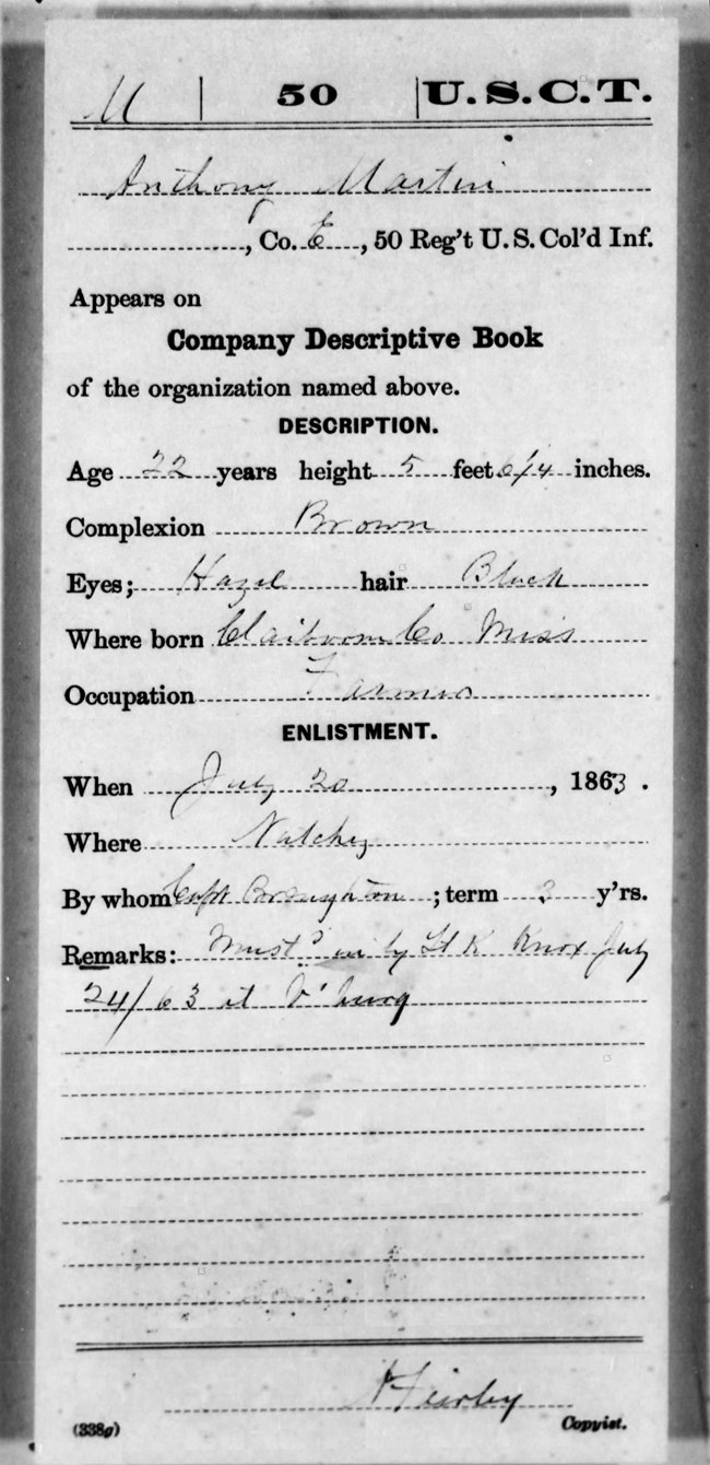 A 50th USCT enlistment card for Paris Martin