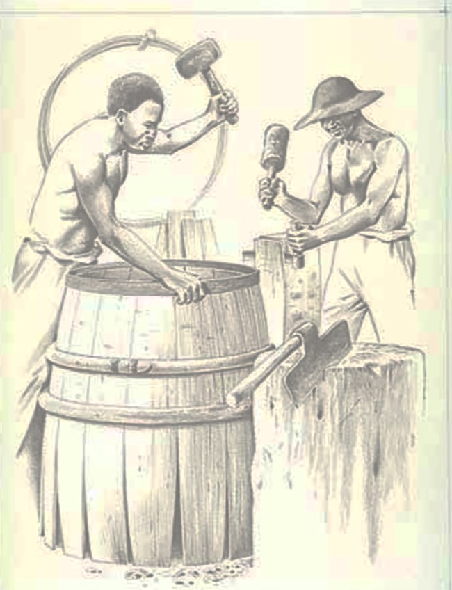Enslaved coopers building hogshead casks or barrels. One hammers on metal rings around staves while the other cuts shingles to be formed into staves using a froe and mallet.