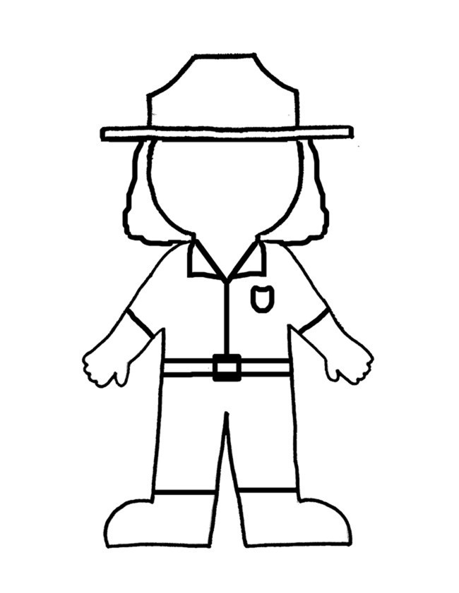 Black line drawing of a female Park Ranger. She is wear the National Park Service Uniform and flat hat. The figure is looking directly at the viewer. The drawing does not have facial features.