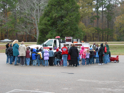 Students visit a Parkway fire engine during Fire Prevention Week.