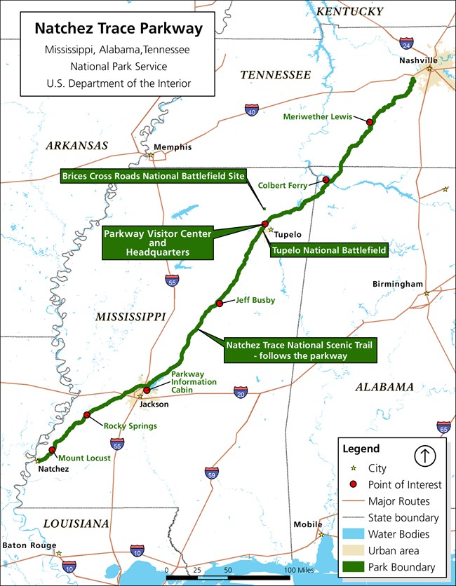A simple map of the Natchez Trace Parkway showing major points of interest.