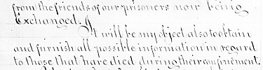 section of letter Clara Barton addressed to President Lincoln asking permission to interview former war prisioners for information.