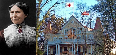 Portrait of Clara Barton and picture of the house with Red Cross Flag and American Flag flying in the breeze