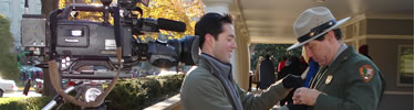 Preparing for a media interview is NPS Communication Officer Bill Line. (NPS Photo by J. Feeney)