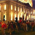 Image of a painting from the White House Historical Association showing the British burning the White House during the War of 1812.