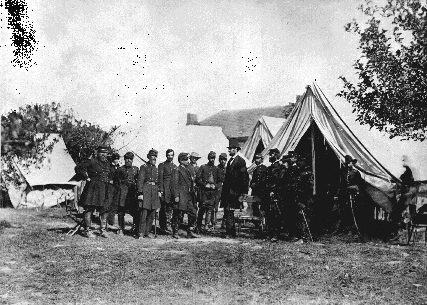 Civil war camp image, tent and soldiers.