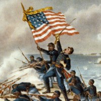 Lithograph of Union Army charging forward with flag at Battle of Fort Wagner.