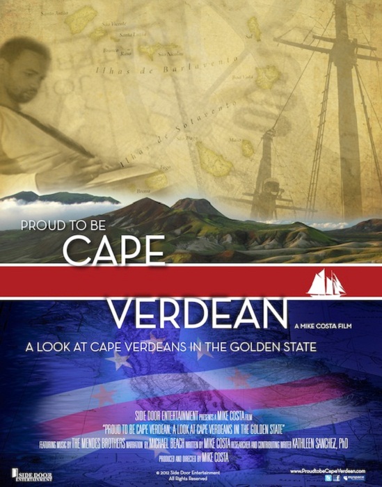 Proud to Be Cape Verdean film poster showing national flag and sketch of boat.