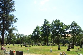 A cemetery surrounded by trees with several rows of headstones.