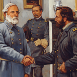 Lee and Grant shake hands in the parlor of the McLean House (painting by Keith Rocco) Lee and Grant shake hands in the parlor of the McLean House (painting by Keith Rocco)