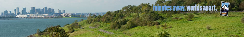 Lush vegetation on the top of Spectacle Island's North drumlin dominates the foreground. Boston's skyline can be seen in the distance.  The park's logo with tag line minutes away, worlds apart empashises the stark contrast between the city and islands. 
