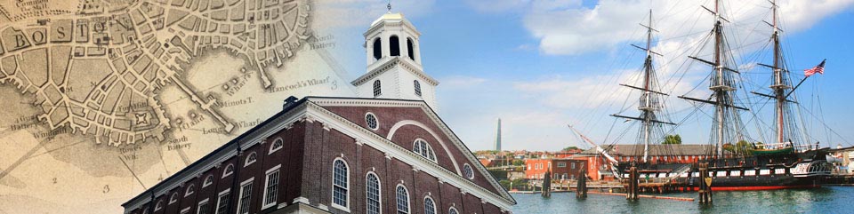 Colonial Boston Map, Faneuil Hall and the Charlestown Navy Yard skyline