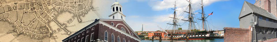 Colonial Boston Map, Faneuil Hall and the Charlestown Navy Yard skyline