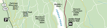 Section of Acadia National Park map showing Jordan Pond area.
