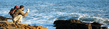 Man taking photos along the rocky shore.