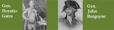 2 photos, Gates standing tall holding his fist firm, Burgoyne posing looking in the distance