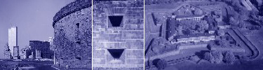 This collage of images featuring Castle Williams stonework and an aerial of Fort Jay highlights the artistic quality of fortifications.
