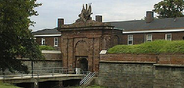 Fort Jay's red sandstone archway is one of the oldest structural elements of the fort dating to the late 18th century.