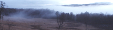 View of Hudson River from FDR Home, a fog forms on the river in autumn when the river is warmer than the air.