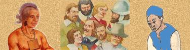 Composite graphic showing a 17th Century American Indian, group of English settlers and an African field worker