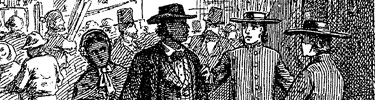 An illustration showing Frederick Douglass and wife, Anna meeting two Quakers from New Bedford on the wharves of Newport