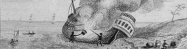 Breaming, or burning sea growth off a vessel's hull, was a common practice in the 18th century. 1797 engraving from NPS collections.