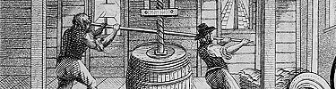 Two workmen screwing fish, or using a press to pack salted cod in a barrel. 1797 engraving from NPS collections.