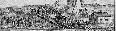 A vessel launching in 1797. Engraving from the Salem Marine Society membership certificate. NPS collections.