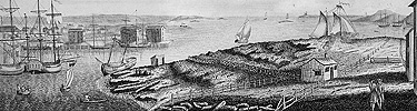 Salem Harbor in 1797, looking across Stage Point to Derby Wharf with its three warehouses. NPS collections.