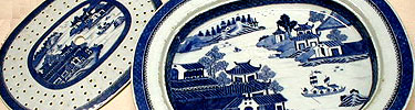 A 19th century canton ware serving dish, with chinese scenes in blue and white. NPS photo.