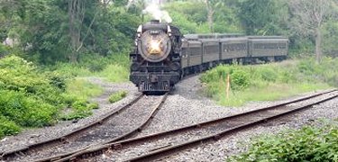 A steam locomotive pulls dark green passenger cars through trees and shrubs on an excursion to Carbondale, PA.