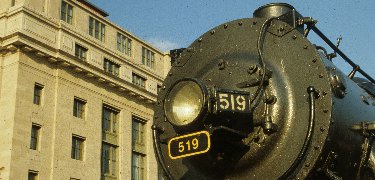 Maine Central 519 with the old Railroad Station behind. NPS Photo, Ken Ganz