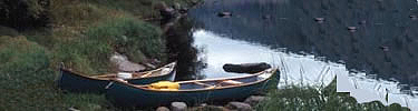Two canoes wait for the journey to continue as they wait on the grassy shore