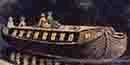A closeup image of several people in a boat being towed along the Erie Canal.
