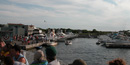 People on ferry look over Watch Hill Marina.