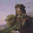 Detail from a painting showing a moonlit stone tower, topped and surrounded by green foliage.
