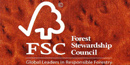 This logo, white text on a dark orange-colored background, reads Forest Stewardship Council: Global Leaders in Responsible Forestry.