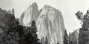 Black and white Carleton Watkins photograph, showing Yosemite's massive granite Cathedral Rock. Billings Family Archives.