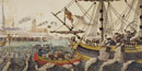 A contemporary engraving depicts colonists dumping tea chests in Boston Harbor in December of 1773.