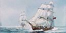 An artist's depiction of an American privateer pursuing a British merchant ship.  Painting by Thomas Freeman.