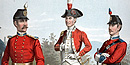 Three soldiers wearing uniforms of the Second Corps of Cadets from the 18th and 19th centuries.