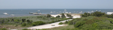 View of larger pier jutting into calm bay with several small boats anchored nearby.