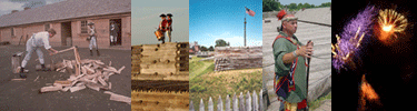 the many sites and sounds of the fort: a man chops wood, a fifer sounds retreat, an Oneida tells a story, & fireworks explode