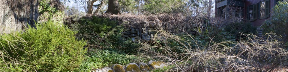 A photo of part of the Hollow and a corner of the house at Fairsted, taken in early Spring 2012