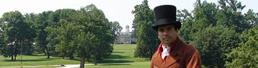 A reenactor in front of the mansion